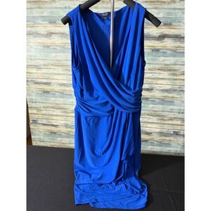 Chaps Faux Wrap Dress Large Royal Blue Excellent Ruched Surplice V-Neck Sheath